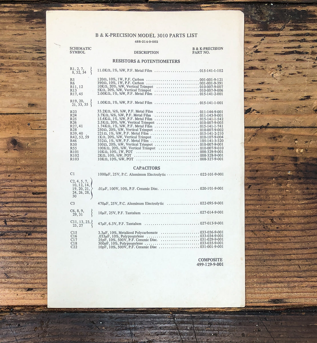 B&K Precision Model 3010 Function Generator Parts List Manual *Original*