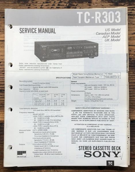 Sony TC-R303 Cassette  Service Manual *Original*