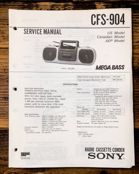 Sony CFS-904 Radio / Stereo  Service Manual *Original*