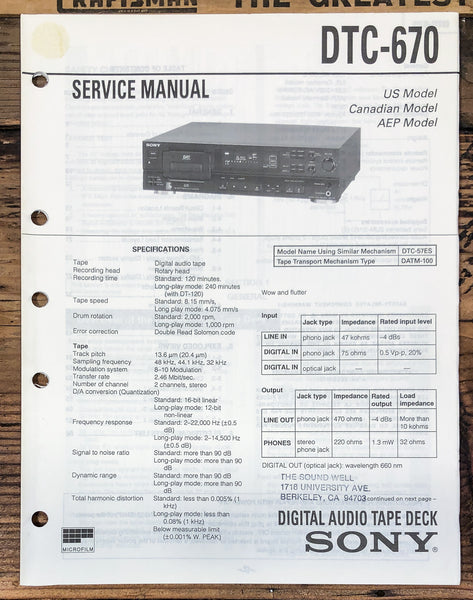 Sony DTC-670 DAT Deck  Service Manual *Original*