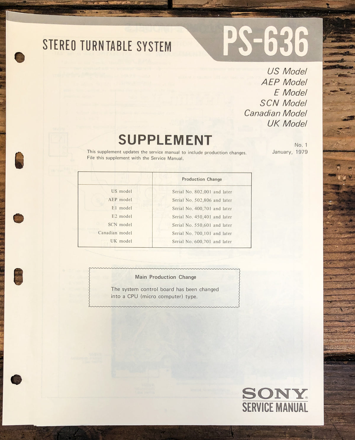 Sony PS-636 Record Player / Turntable Supp.  Service Manual *Original*