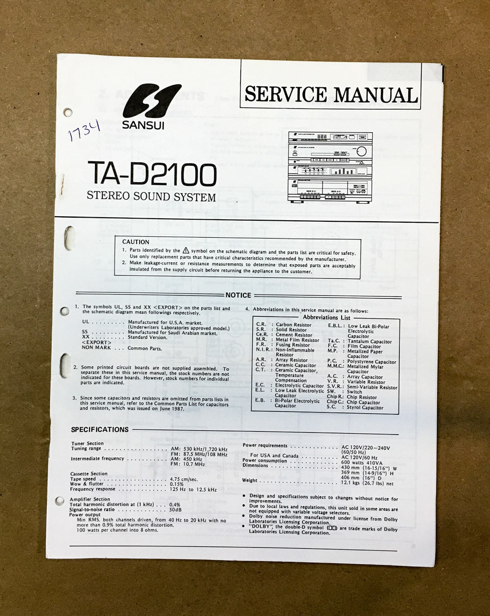 Sansui TA-D2100 Stereo  Service Manual *Original*