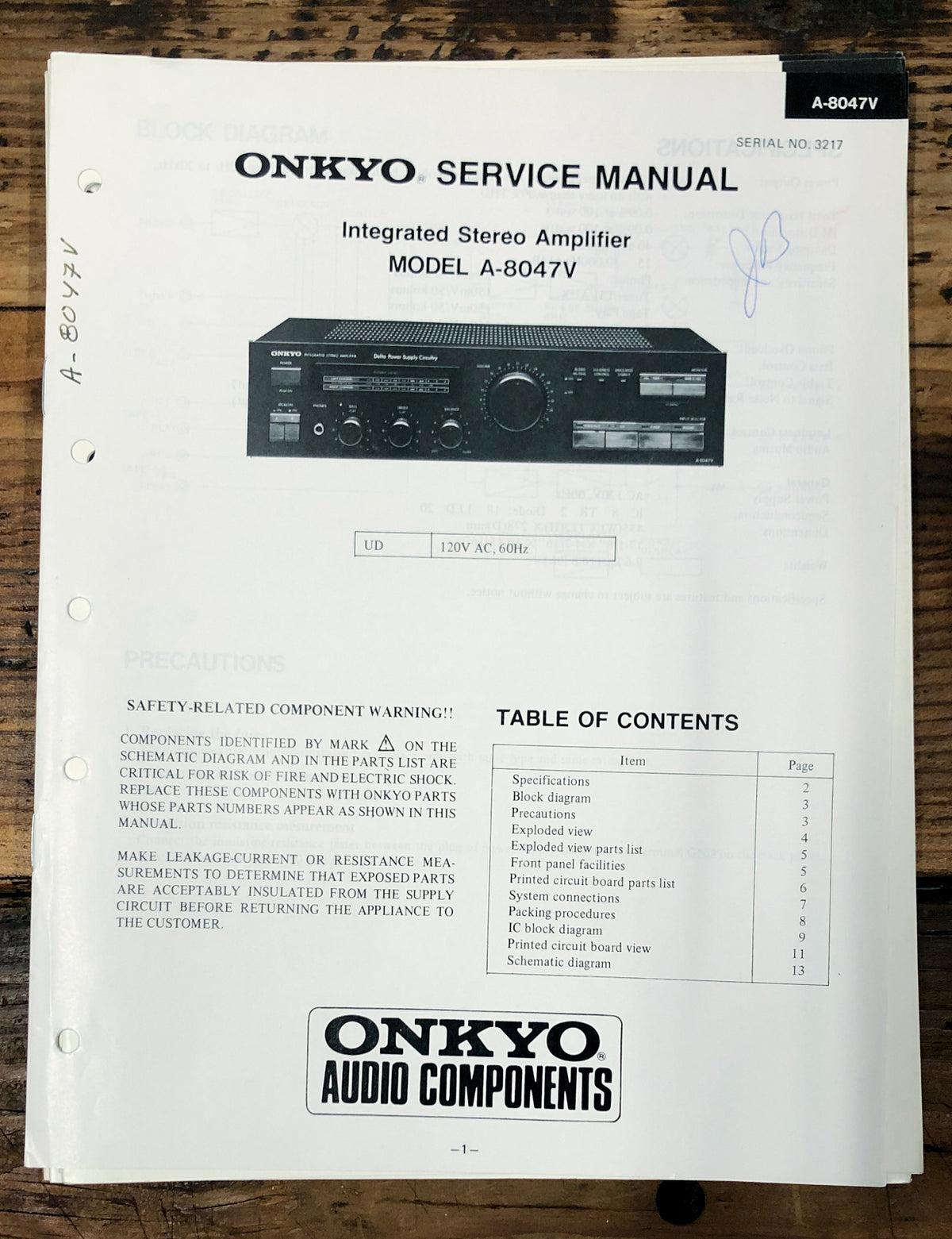 Onkyo A-8047V Amplifier  Service Manual *Original*