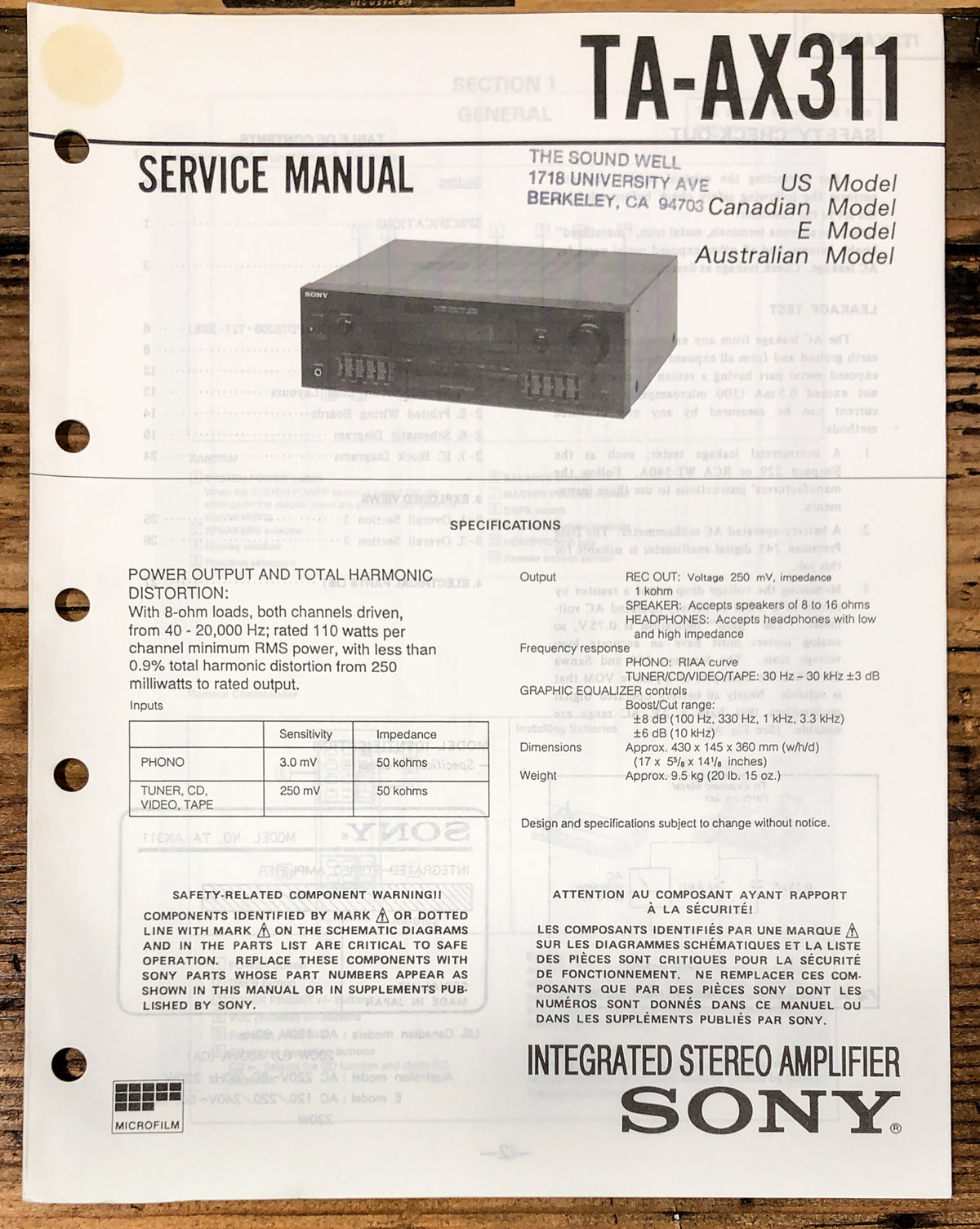 Sony TA-AX311 Amplifier Service Manual *Original*