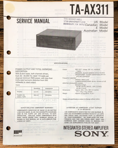 Sony TA-AX311 Amplifier Service Manual *Original*