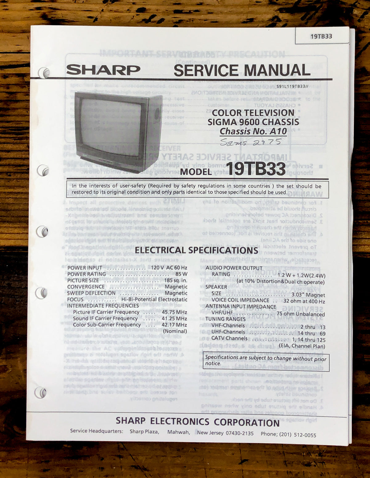 Sharp 19TB33 TV / Television Service Manual *Original*