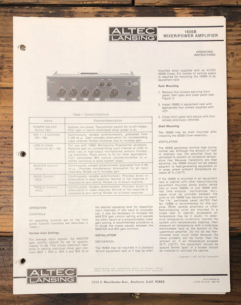 Altec Model 1606B Mixer Amplifier  Owners & Schematic Manual *ORIGINAL*