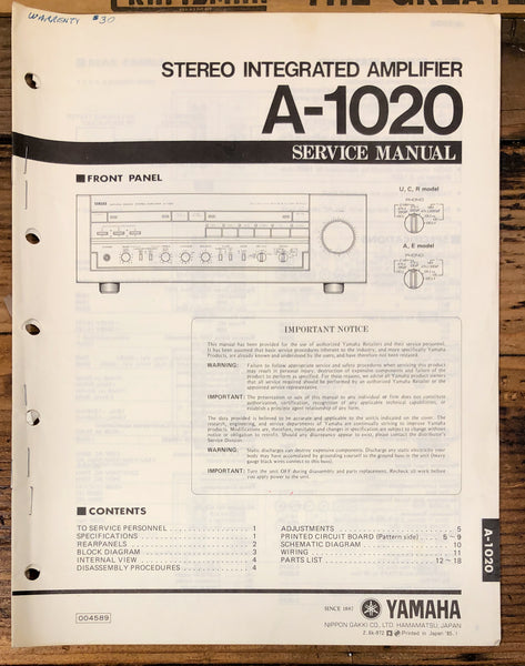 Yamaha A-1020 Amplifier  Service Manual *Original*