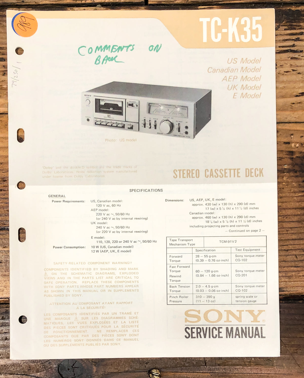 Sony TC-K35 Cassette Service Manual *Original*