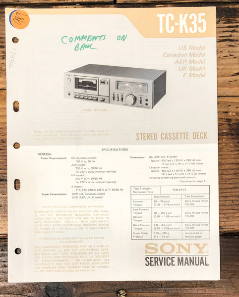 Sony TC-K35 Cassette Service Manual *Original*
