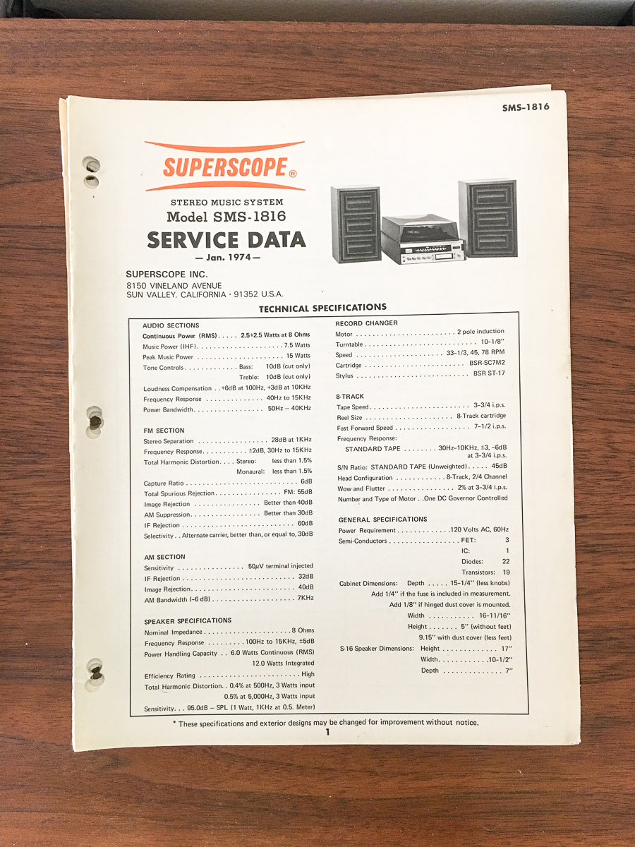 Superscope SMS-1816 Music System / Stereo Service Manual *Original*