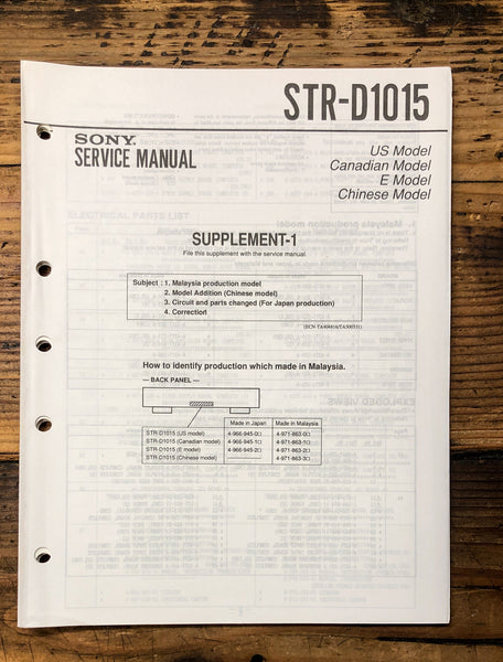 Sony STR-D1015 Receiver Supp. Service Manual *Original*