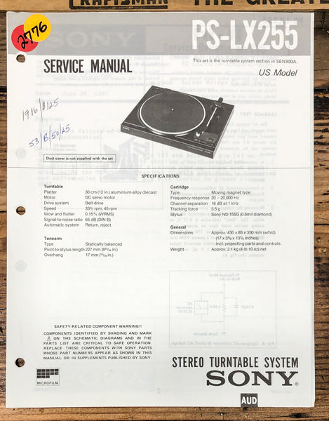 Sony PS-LX255 Record Player / Turntable  Service Manual *Original*