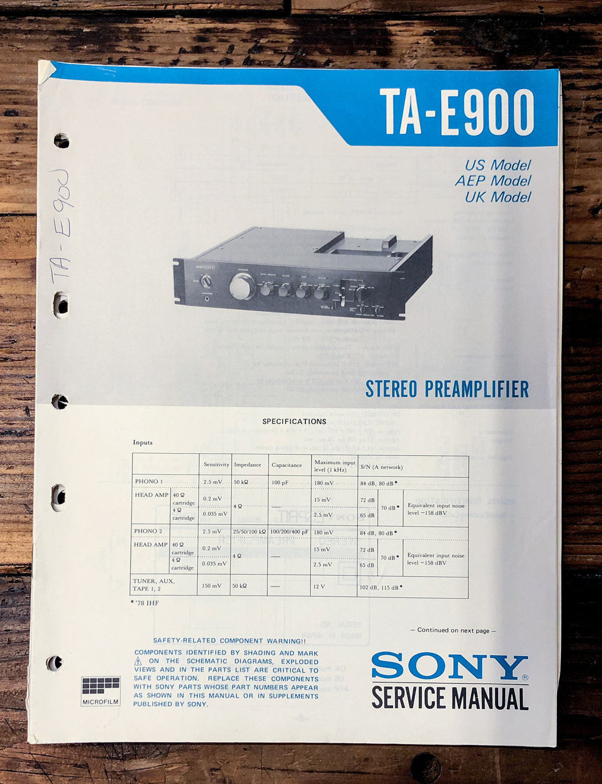 Sony TA-E900 Preamp / Preamplifier  Service Manual *Original*