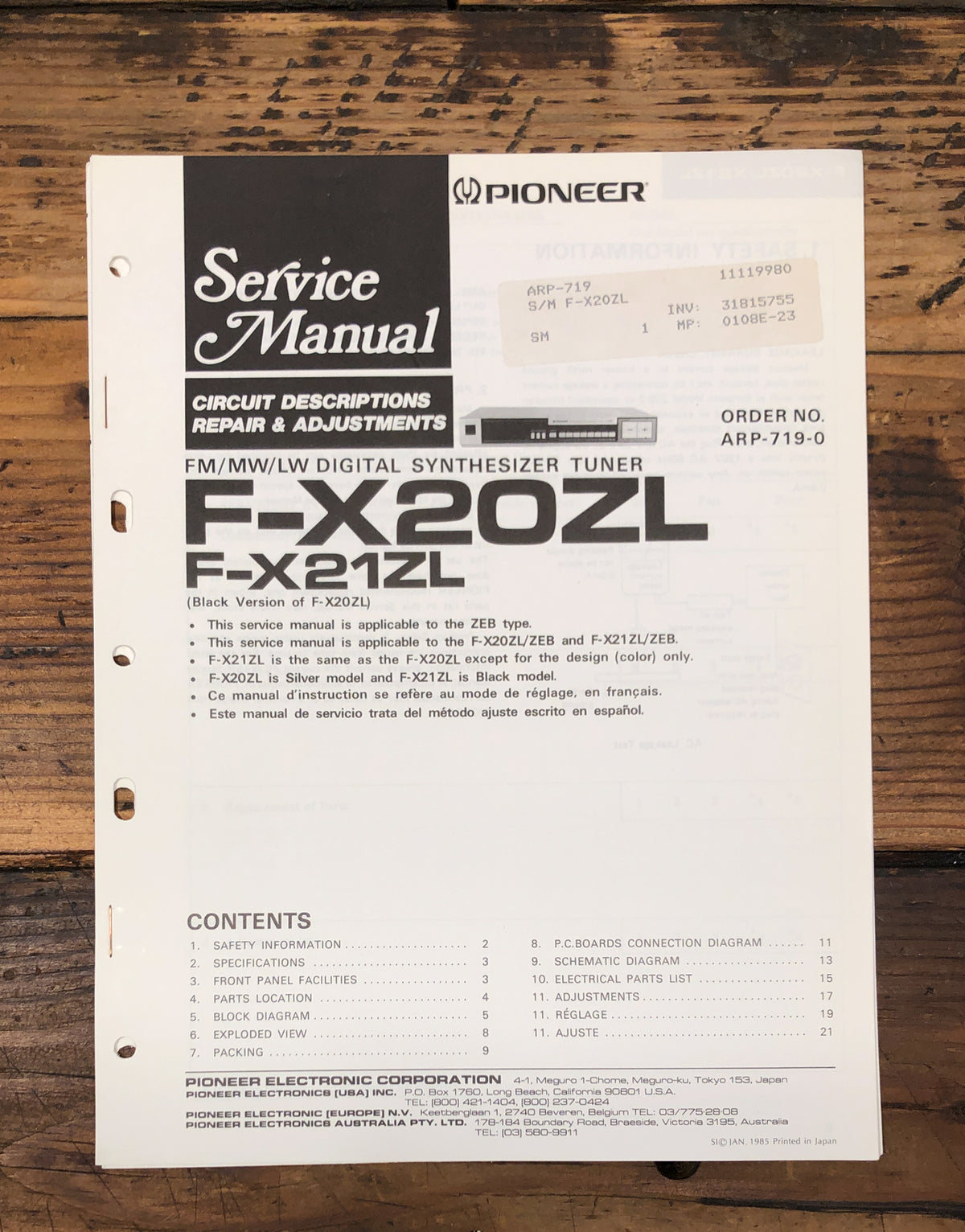 Pioneer F-X20ZL F-X21ZL Tuner  Service Manual *Original*