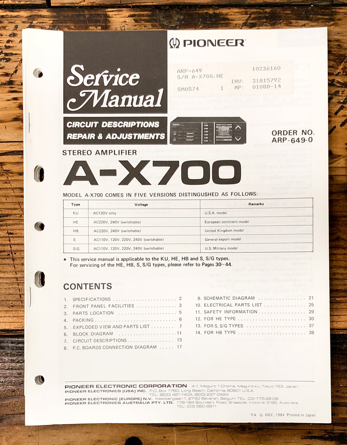 Pioneer A-X700 Amplifier Service Manual *Original*