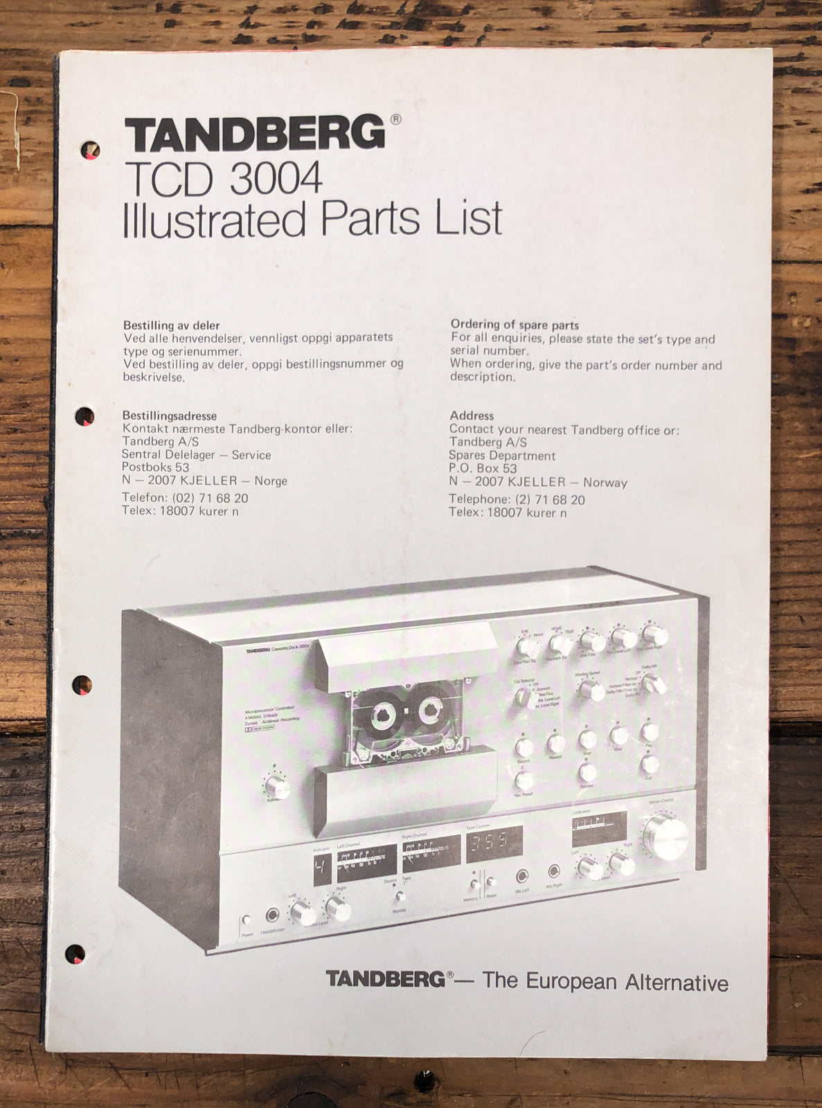 Tandberg TCD-3004 TCD3004 Cassette Illustrated Parts List  *Original*