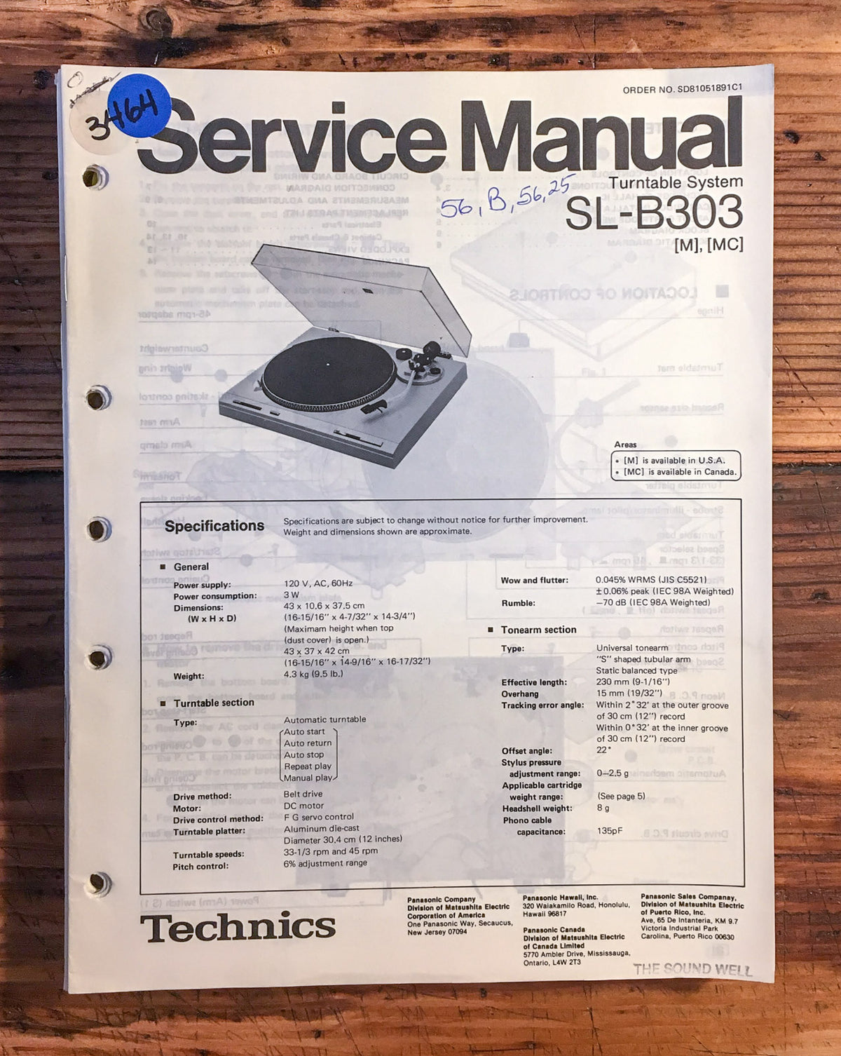 Technics SL-B303 Record Player / Turntable  Service Manual *Original*
