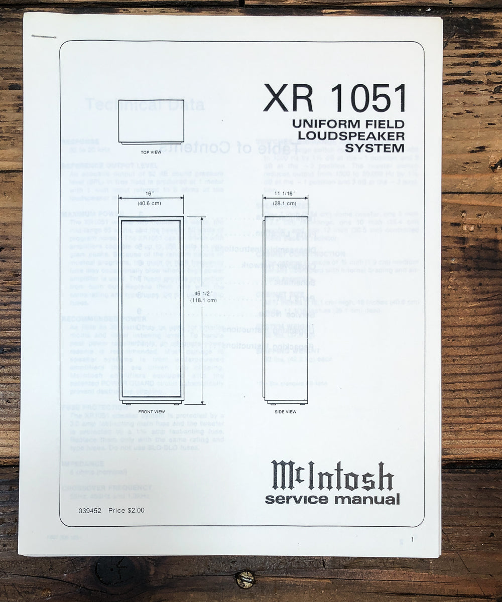 McIntosh XR-1051 XR1051 Speaker Service Manual *Original*