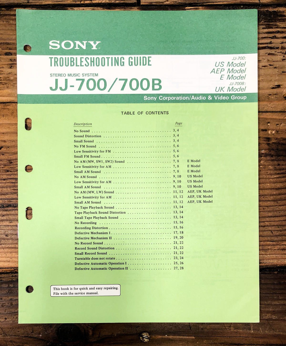 Sony JJ-700 JJ-700B Stereo Troubleshooting Guide Manual *Original*