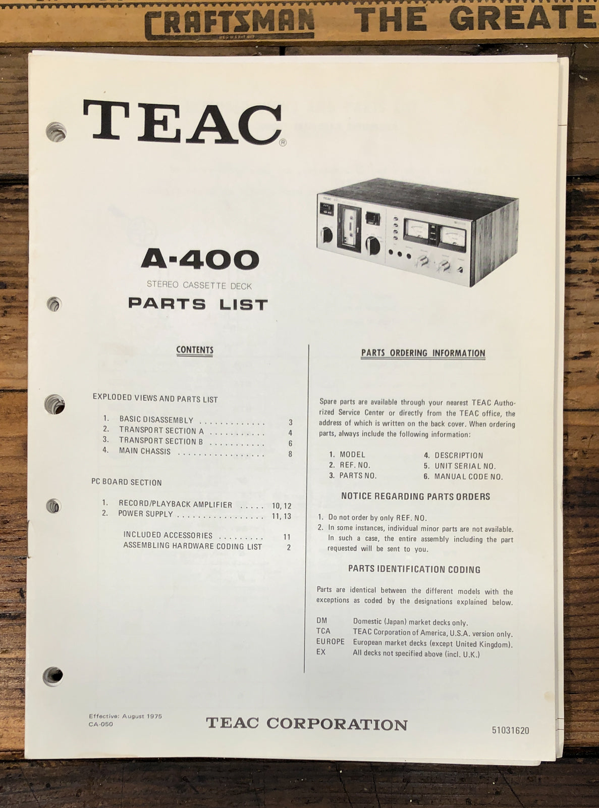 TEAC A-400 Cassette Parts List Manual  *Original*