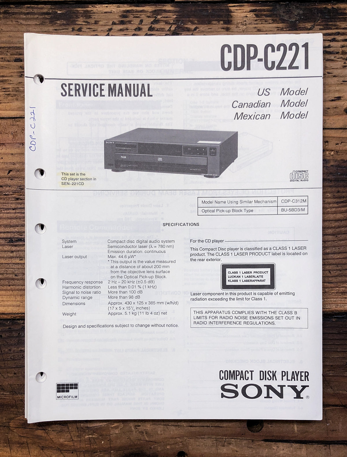 Sony CDP-C221 CD Player  Service Manual *Original*