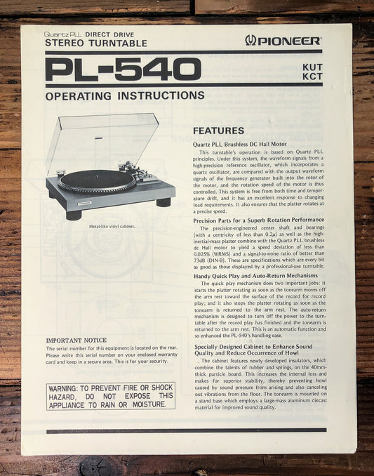 Pioneer PL-540 Turntable Owners / User Manual *Original*
