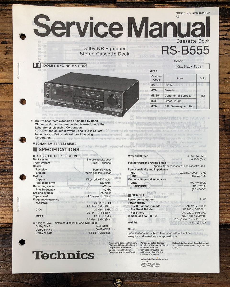Technics RS-B555 Cassette Service Manual *Original*