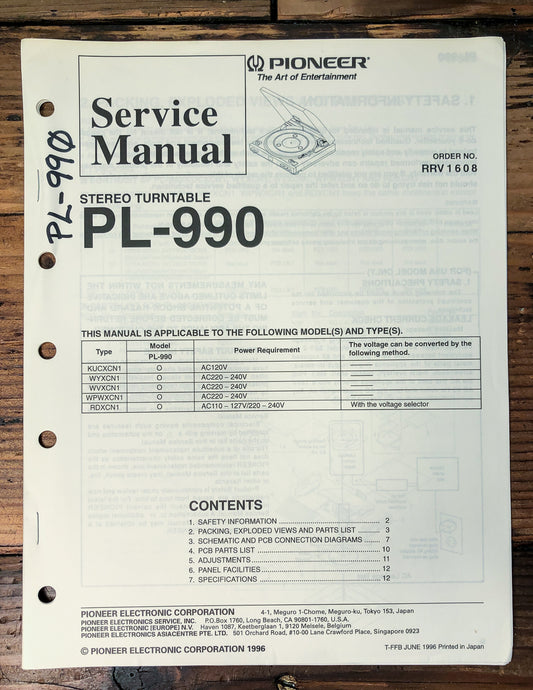 Pioneer PL-990 Turntable Service Manual *Original*