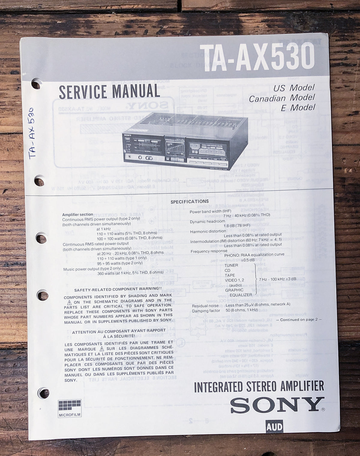 Sony TA-AX530 Amplifier  Service Manual *Original*