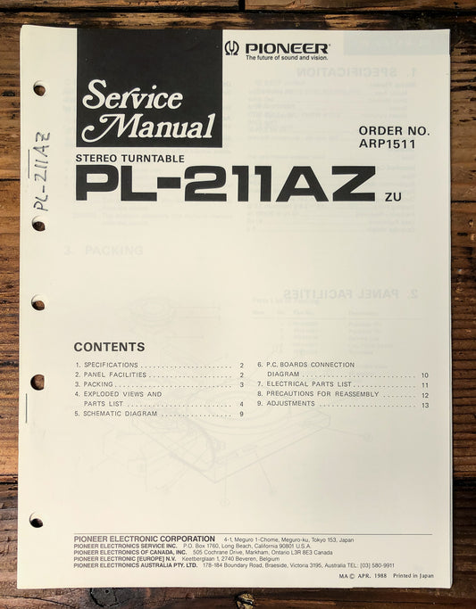 Pioneer PL-211AZ Turntable Service Manual *Original*