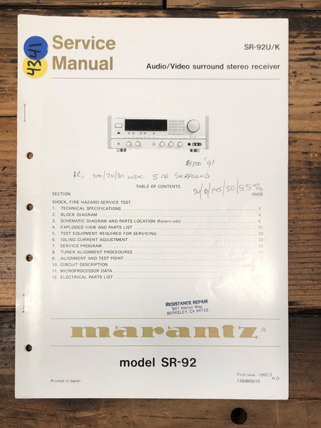 Marantz SR-92 Receiver  Service Manual *Original*