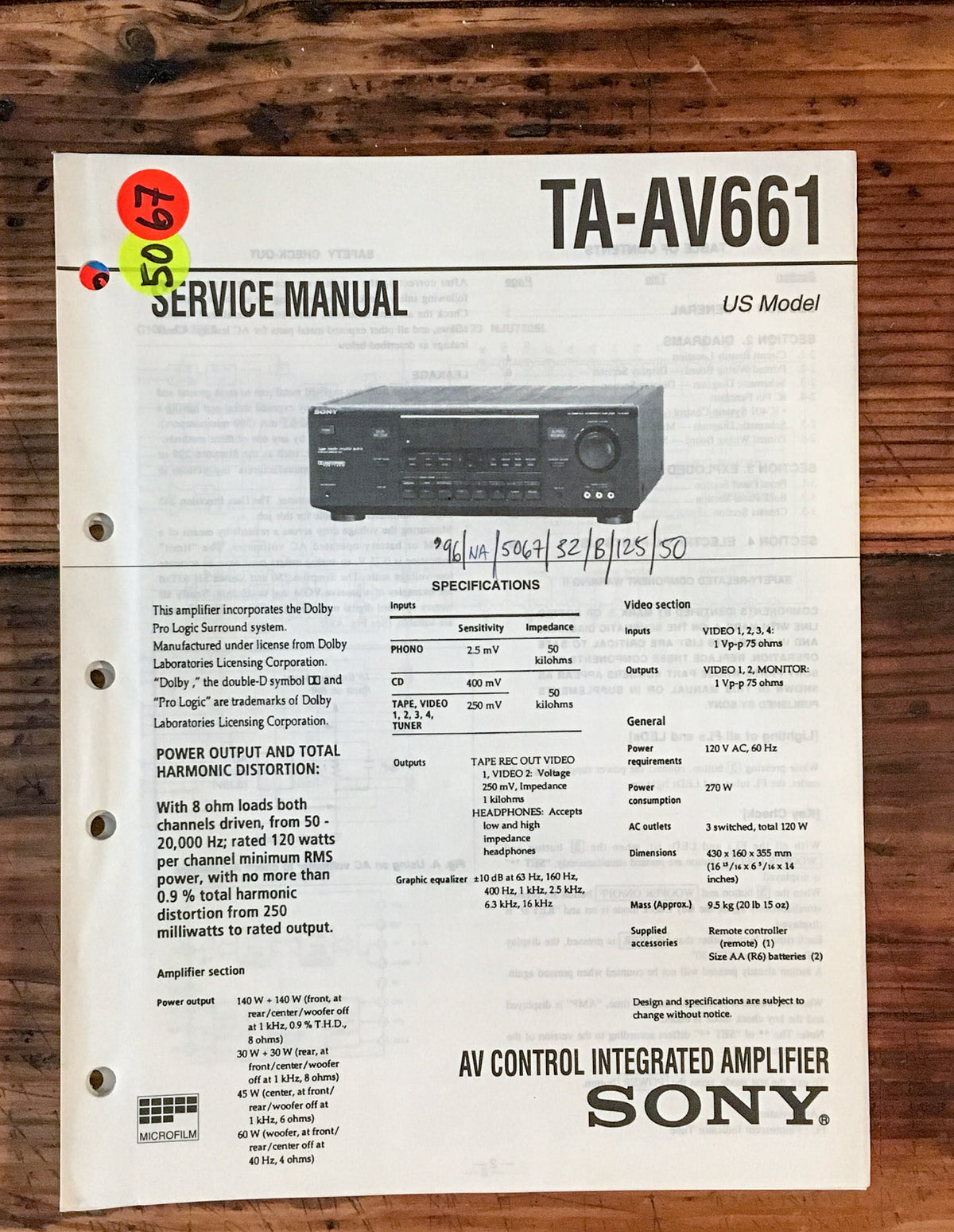 Sony TA-AV661 Amplifier  Service Manual *Original*