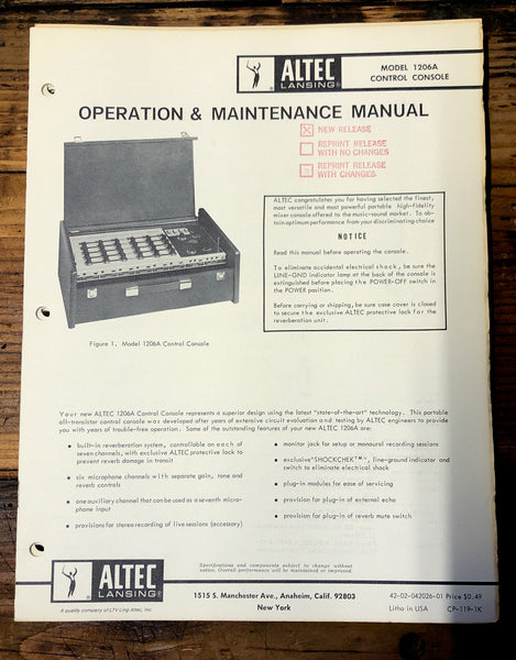 Altec Model 1206A Console  Owners Manual & Schematic *Orig*