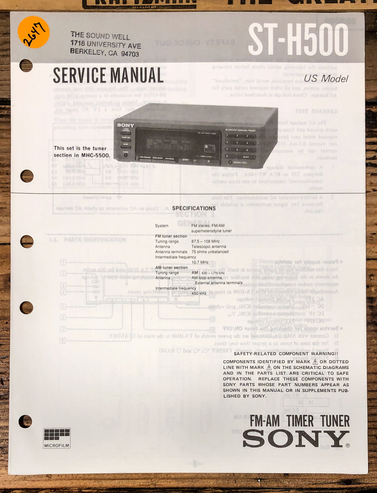 Sony ST-H500 Tuner  Service Manual *Original*