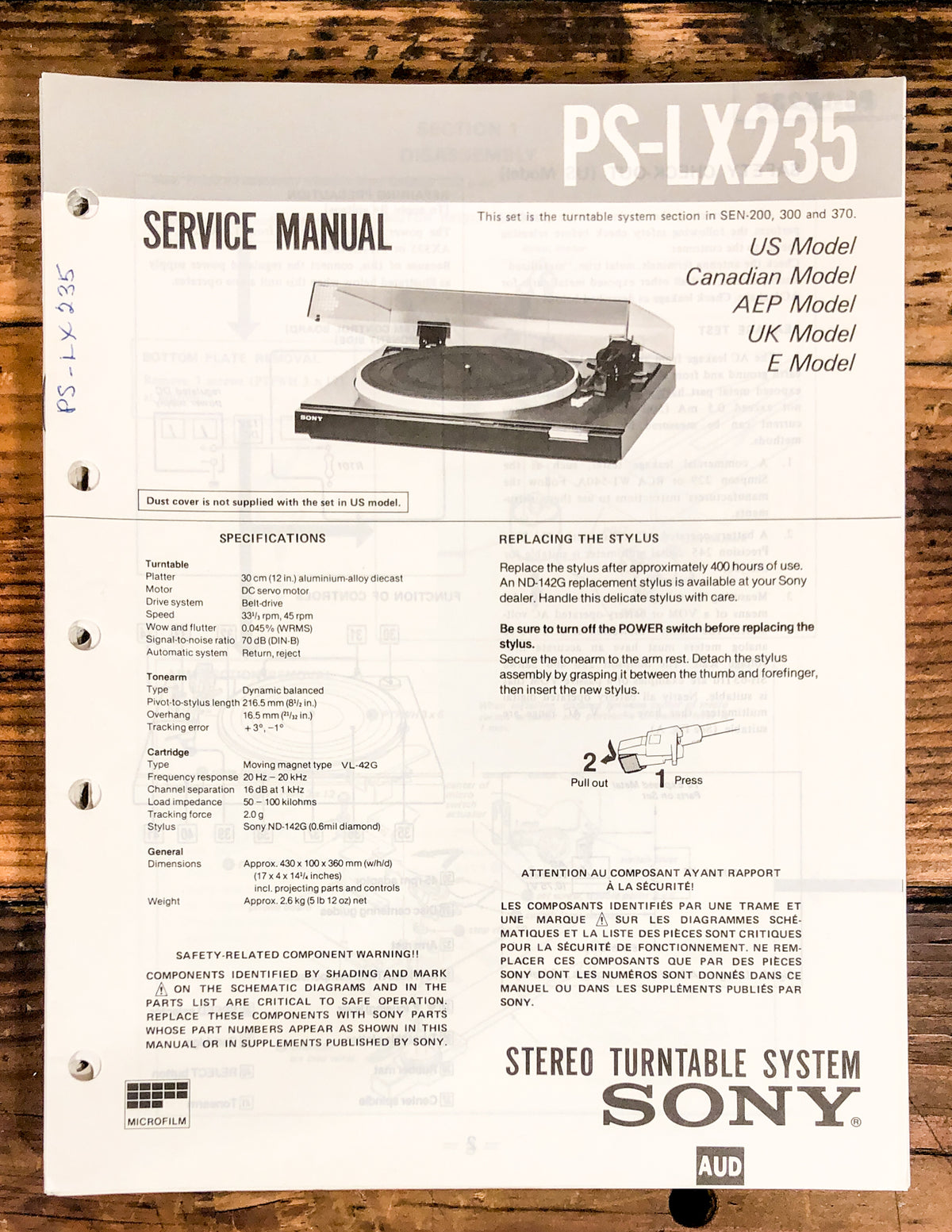 Sony PS-LX235 Record Player / Turntable  Service Manual *Original*