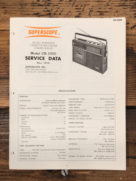 Superscope CR-1000 Cassette Recorder  Service Manual *Original*