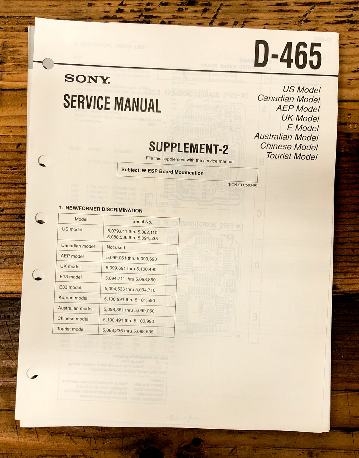 Sony D-465 CD Player / Discman Supp. 2 Service Manual *Original*