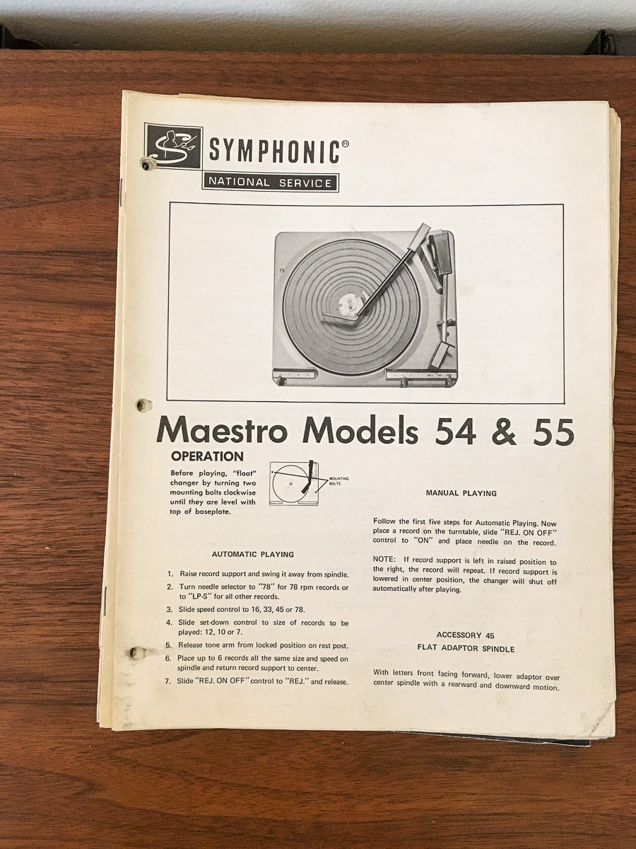 Symphonic Maestro 54 55 Turntable Service Manual *Original*