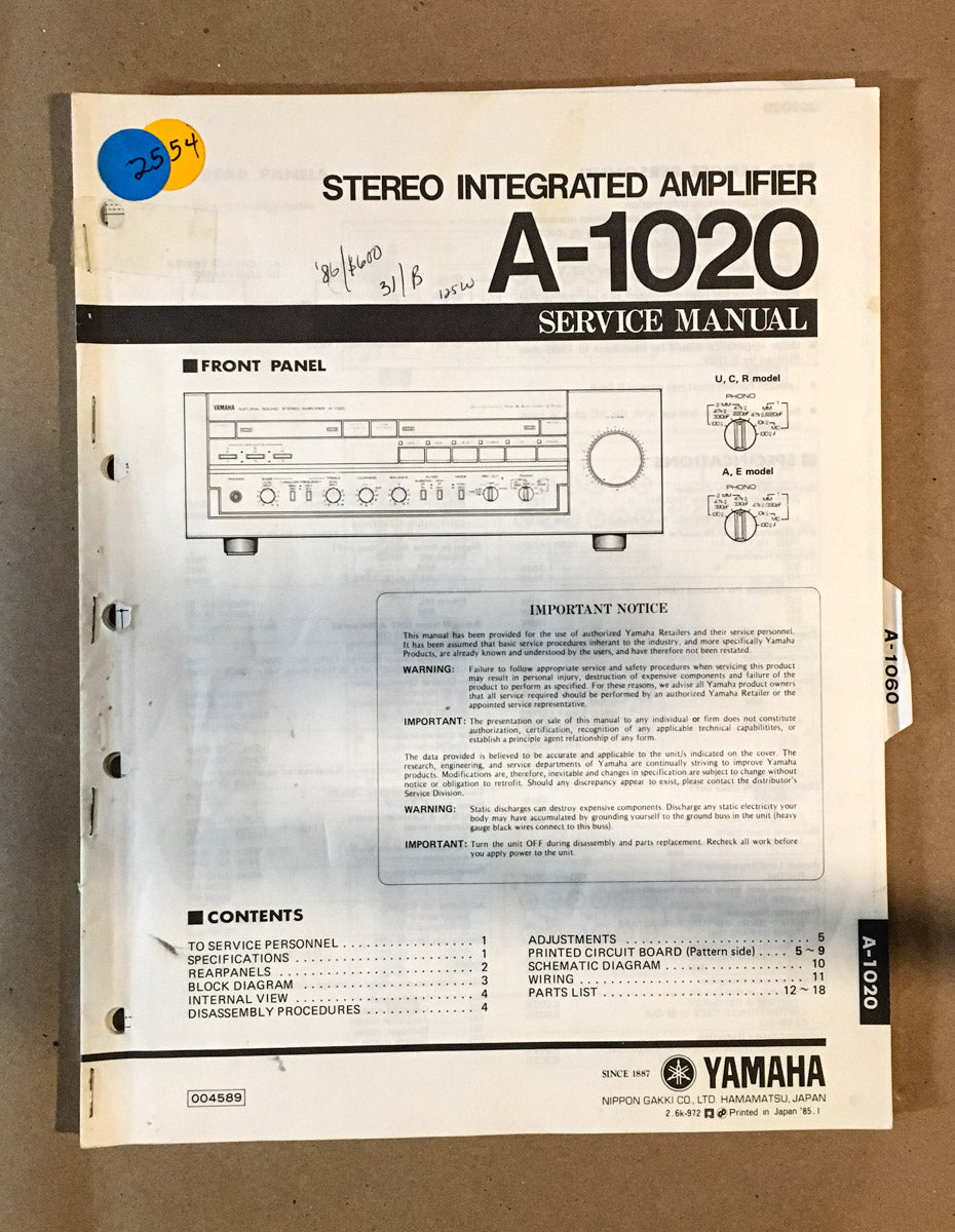 Yamaha A-1020 Amplifier  Service Manual *Original*