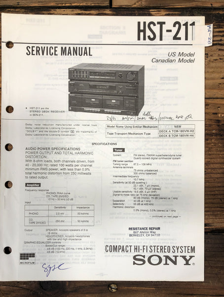 Sony HST-211 Stereo  Service Manual *Original*