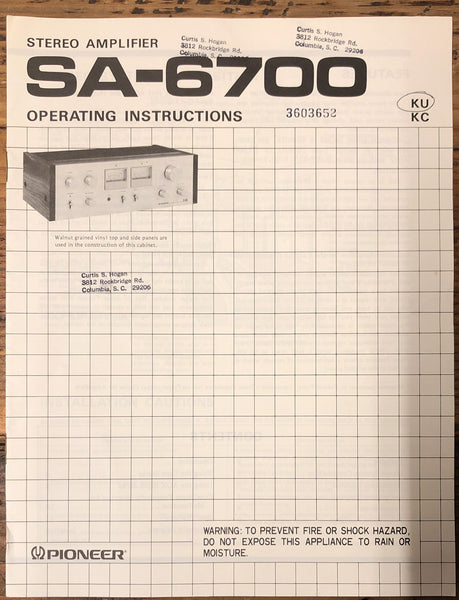 Pioneer SA-6700 Amplifier  Owner / User Manual *Original*