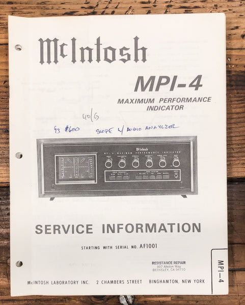 McIntosh MPI-4 Mpi-4 Performance Indicator  Service Manual *Original*