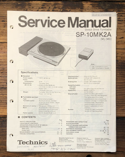 Technics SP-10 MK2A Record Player / Turntable  Service Manual *Original*