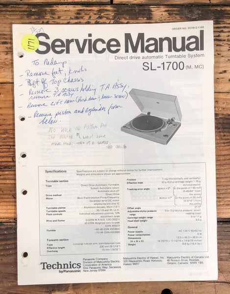 Technics SL-1700 Record Player / Turntable  Service Manual *Original*