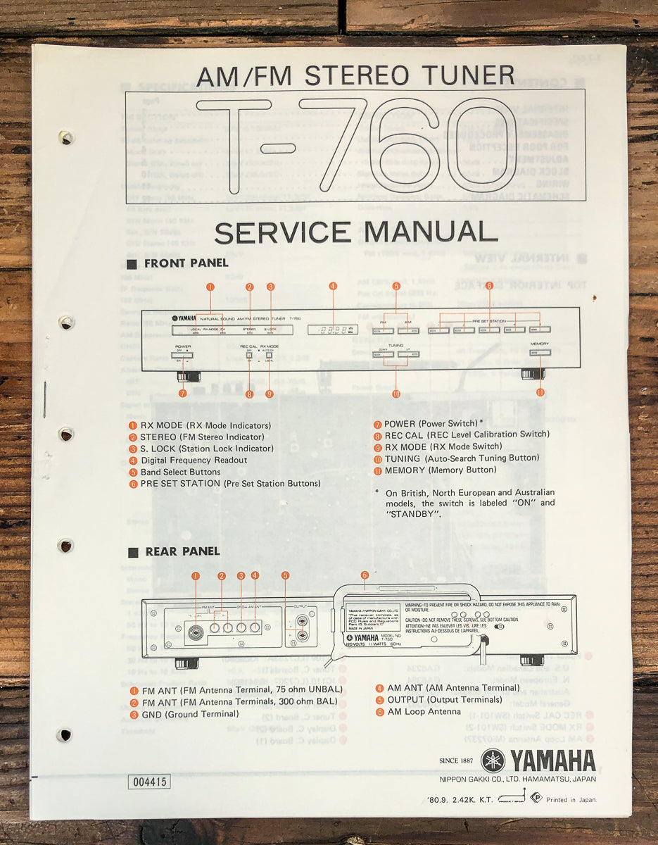 Yamaha T-760 Tuner Service Manual *Original*