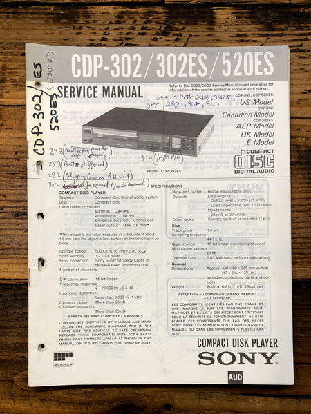 Sony CDP-302 CDP-302ES CDP-520ES CD Player  Service Manual *Original*