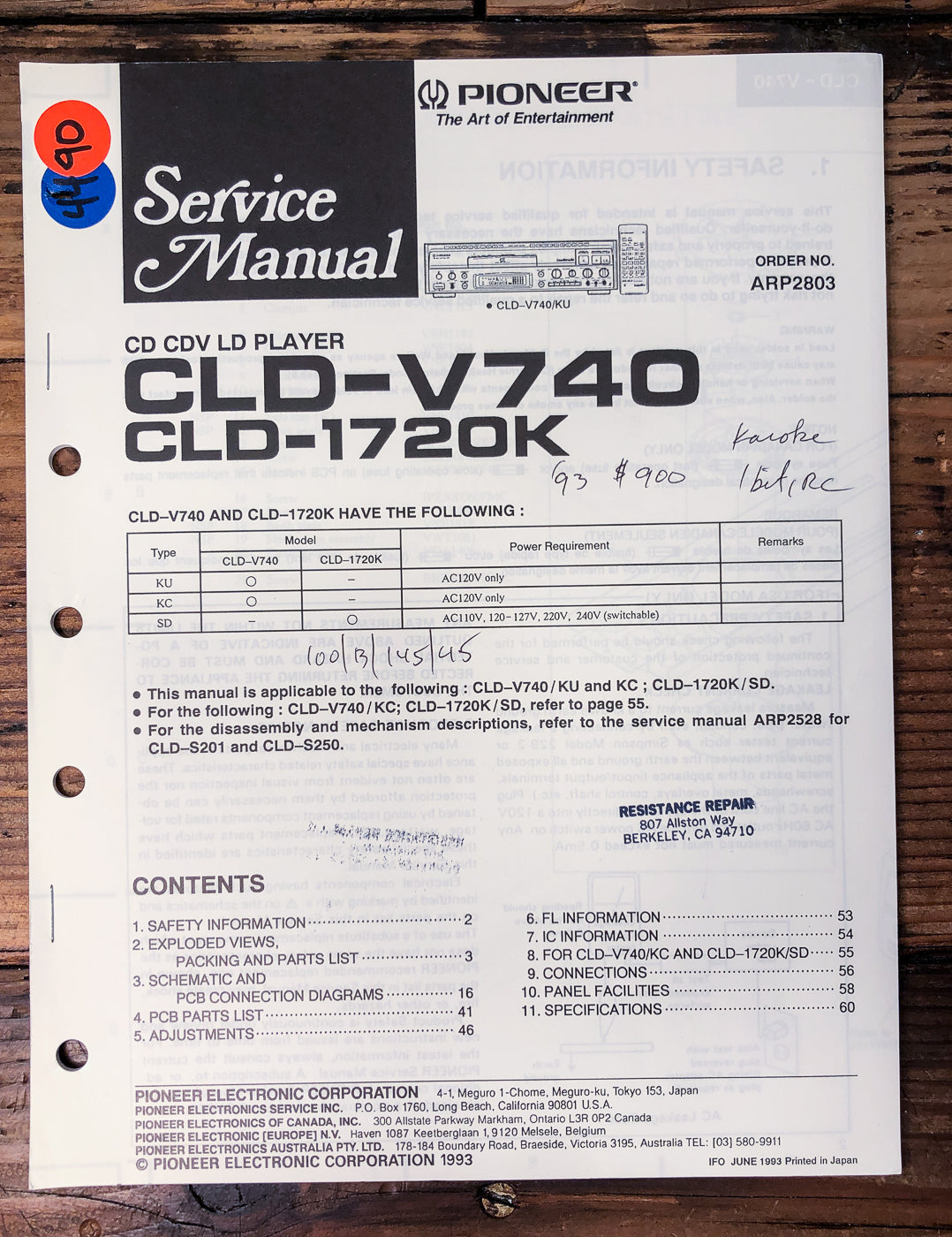 Pioneer CLD-V740 CLD-1720K CD CDV LD Player Service Manual *Original*