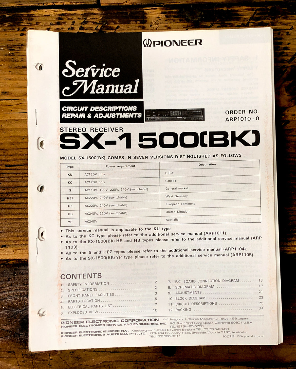Pioneer SX-1500 Receiver Service Manual *Original*