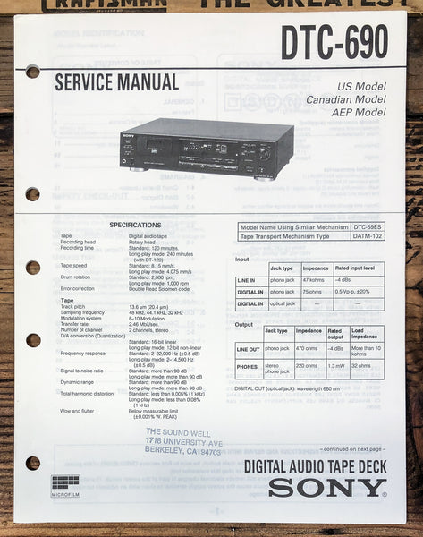 Sony DTC-690 DAT Deck  Service Manual *Original*
